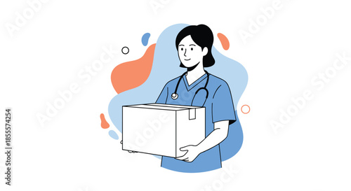 Female healthcare worker wearing blue scrubs and stethoscope carrying large cardboard box for medical supplies delivery.