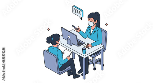Professional consultation at office desk where staff and client wear face masks during pandemic health safety protocol.