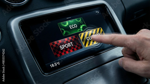 Close up of a person's hand interacting with a car's infotainment system screen displaying eco, sport, and comfort modes at 185 degrees celsius