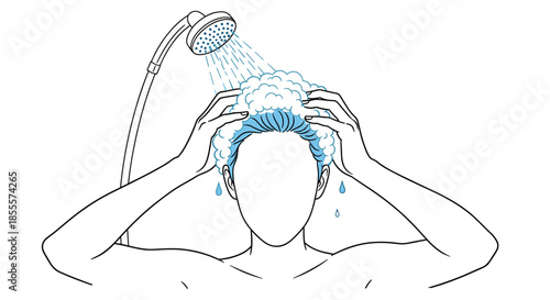Person washing hair with shampoo creating thick white foam bubbles under running water in domestic bathroom setting daily.