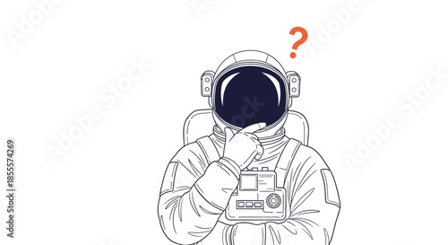 Astronaut character in full space suit standing with finger on chin and orange question mark above head in confusion now.