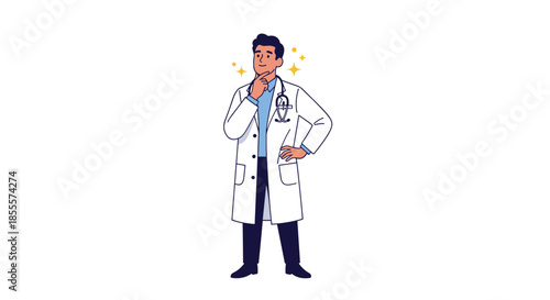 Confident male doctor in white coat and stethoscope looking thoughtful with gold sparkles around his head in success goal.