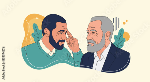 Two senior men having serious conversation where one points to his temple symbolizing memory or thinking process clearly.