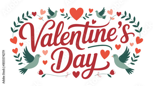 Valentine's Day Illustration: A vibrant illustration for Valentine's Day features the celebratory words amidst delightful details of love, featuring hearts, leaves, and doves, representing affection.