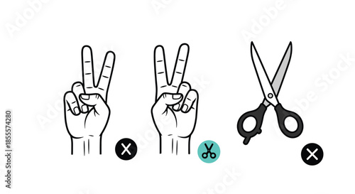 Comparison illustration of correct hand position for scissors using v-sign gestures and tool icons with marks for guide.