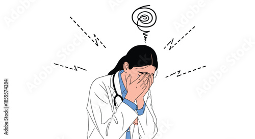 Female doctor in white lab coat with stethoscope looking distressed and tired with hands over eyes from long hospital hours.