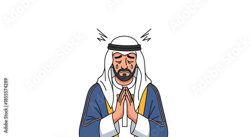 Man in traditional Arab clothing crying with tears and praying with joined hands expressing deep sadness or hope in life.