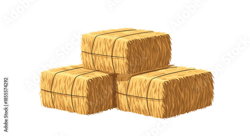Three rectangular golden hay bales stacked neatly on ground showing agricultural harvest and farm animal fodder storage.