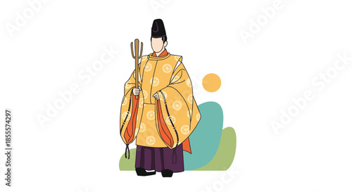 Illustration of person wearing elaborate traditional Japanese court official robes from Heian period with black headdress.