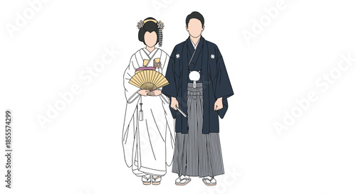 Japanese bride and groom in traditional wedding attire including white kimono and formal dark hakama standing together now.