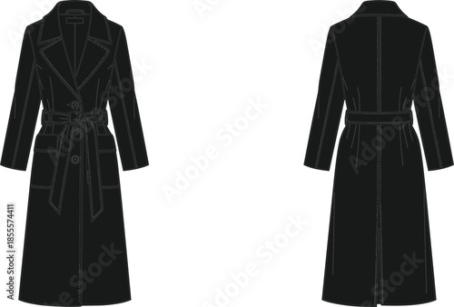 Long belted trench coat front and back technical fashion sketch, tailored outerwear design template with lapel collar and pockets for modern apparel brands, vector illustration