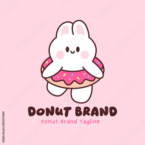 Cute bunny character using a sprinkle donut as a pool float ring. Playful kawaii mascot for dessert brand and summer themes.