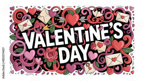 Valentine's Day Doodles: A vibrant illustration for Valentine's Day filled with hearts, love letters, and romantic elements, perfect for expressing affection and celebrating the season of love.
