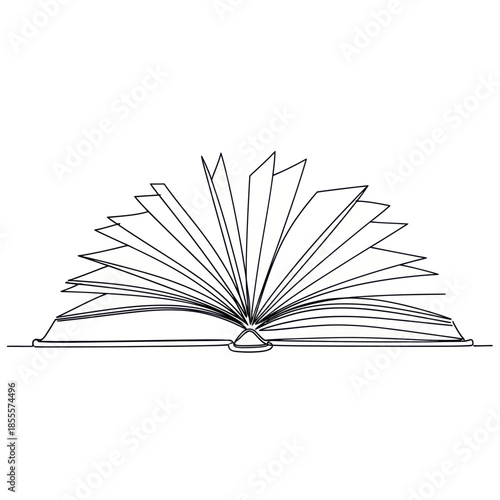 Continuous Line Drawing of an Open Book with Pages Fanned Out.