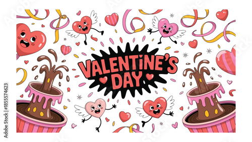 A Whirlwind of Romance: Charming cartoon hearts with expressions and angel wings frolic amidst a shower of ribbons and a flowing chocolate fountain. The image celebrates Valentine's Day.