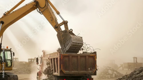 An excavator working at an urban construction site with heavy machinery and industrial equipment under the city sky