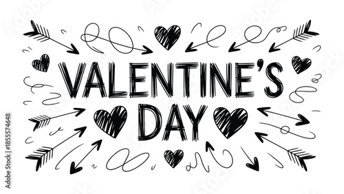 Valentine's Day Concept: Handwritten Valentine's Day message, surrounded by drawn arrows and hearts, set against a backdrop of love and affection.