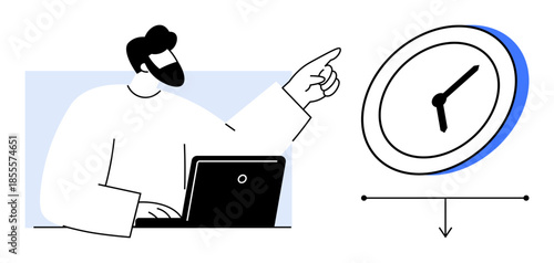 Time management, task scheduling, productivity, business planning, workplace organization, deadline tracking. Man sitting at desk pointing at a clock. Time management and task scheduling concept