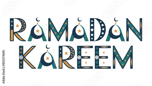 Ramadan Kareem: A vibrant and elegant typography design spells out the phrase Ramadan Kareem, featuring stylized letters adorned with crescent moons and stars, evoking the spirit of the holy month.