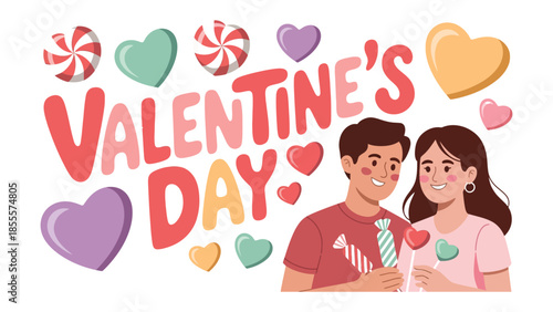 Sweethearts' Valentine: Capturing the essence of romance, a sweet couple embraces against a backdrop of colorful hearts and candies, celebrating love in a delightful Valentine's scene.