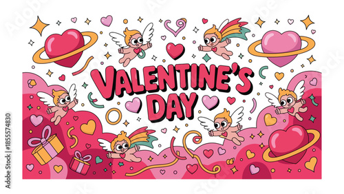 Valentine's Day Delight: A festive Valentine's Day illustration, brimming with heart-shaped elements, cupid, and festive cheer, radiates love, joy, and the spirit of romance.