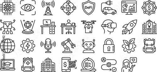 Collection of twenty-four black and white line art icons representing modern technology concepts like artificial intelligence cryptocurrency and automation