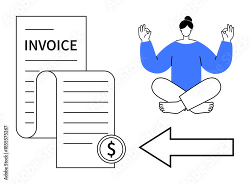 Financial planning, stress management, billing, work-life balance, mindfulness, relaxation techniques. Illustration of an invoice, dollar symbol and meditating person. Financial planning and stress