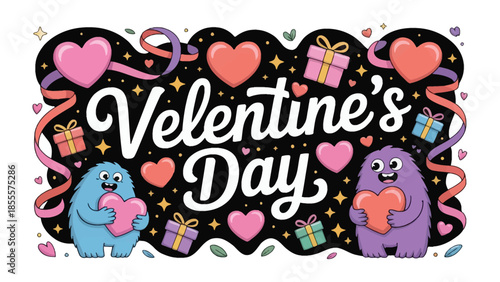 Valentine's Day Delight: A vibrant illustration for the holiday, overflowing with hearts, gift boxes, and two cute monster. Conveying love, affection, and the spirit of romance.