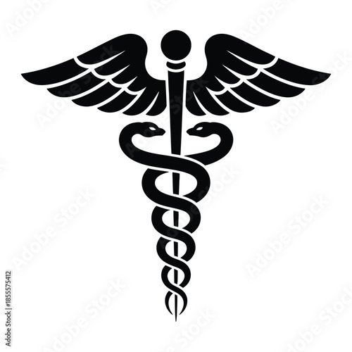 Caduceus medical symbol with winged snakes on a white background, iconic emblem of health, pharmacy, medicine, and professional medical and healthcare  illustration