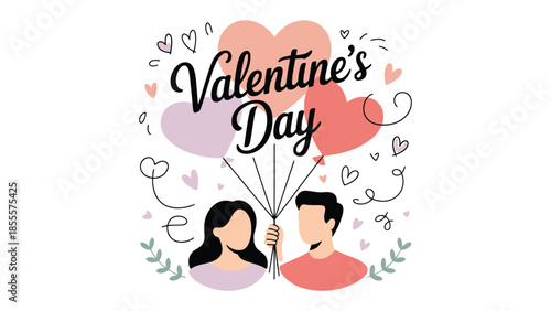 Valentine's Day Illustration: A charming illustration captures the essence of Valentine's Day, with a loving couple, heart-shaped balloons, and romantic doodles. 