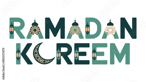 Ramadan Kareem: Elegant typography design which expresses the sacredness and spirit of Ramadan. The typography with crescent moon and ornamental lanterns is designed to celebrate the holy month.