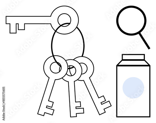 Vintage keys on a keyring next to a magnifying glass and container suggest exploration, security, research, investigation, access, mystery, and problem-solving. Ideal for a simple flat metaphor