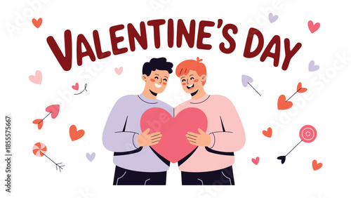 Affectionate Valentine's Embrace: Two men share a tender moment, holding a heart in a colorful display of love and romance, surrounded by symbols of affection.