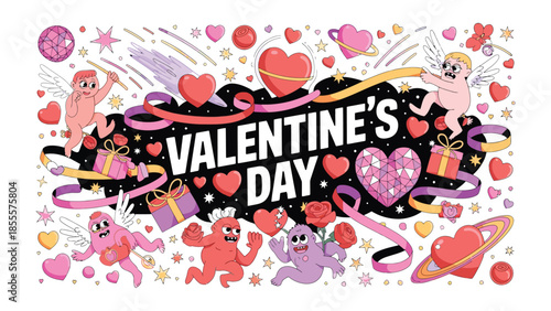 Valentine's Day Illustration: A vibrant and colorful illustration bursting with love and affection, featuring hearts, cherubs, and celebratory elements to express romantic sentiment.