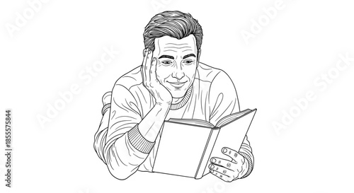 Smiling man reading book lying down line art illustration