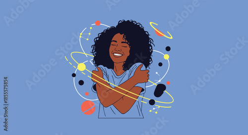 Content young Black woman embraces herself amidst an intricate cosmic swirl of planets, stars, and orbits, symbolizing self-love and universal connection.