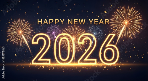Happy New Year 2026 Celebration Background with Golden Glowing Neon Numbers, Fireworks and Confetti on Dark Background
