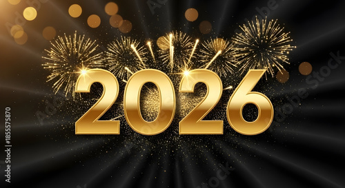 Golden 2026 Happy New Year 3D Numbers with Fireworks and Glitter on Black Background