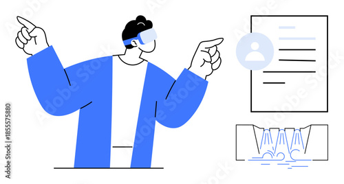 Virtual reality, digital identity, user interaction, technology, futuristic innovation, data visualization. Person wearing VR headset pointing towards a digital profile and data illustration. Virtual