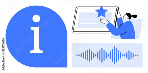 Information access, digital communication, user experience, customer support, voice recognition, technology tools. Blue info symbol, person interacting with a tablet sound waves graphic. Information