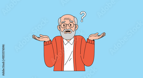 Puzzled senior man shrugging his shoulders with a question mark, indicating confusion, uncertainty, or a lack of knowledge.