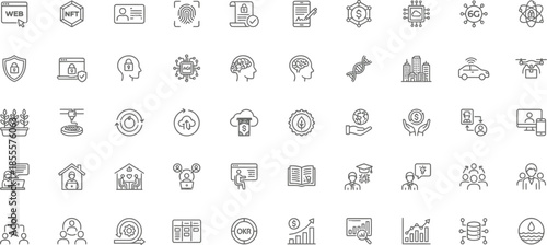 Collection of various outlined technology and digital security icons representing concepts like data protection artificial intelligence and financial transactions
