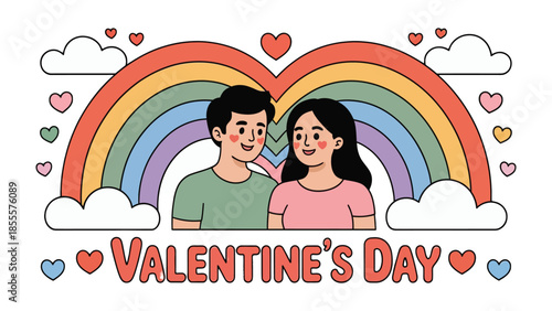 Valentine's Day Illustration: A charming, illustrated Valentine's Day scene features a couple beneath a vibrant rainbow, surrounded by hearts, symbolizing love and affection. 