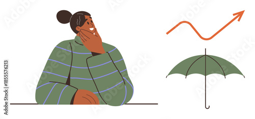 Woman reflecting while pondering a rising arrow and umbrella, symbolizing growth, protection, and planning. Ideal for decision-making, savings, insurance, risk strategy investment. Simple flat