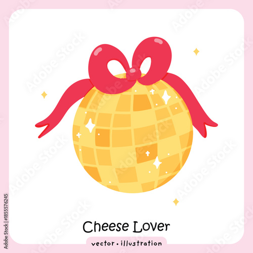 Kawaii Cheese Disco Ball Graphic with Pink Bow and Stars, Gourmet Party Illustration: Cheese Shaped Disco Ball for Foodie Celebrations