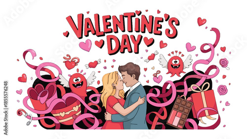 Valentine's Day Illustration: a heartwarming illustration featuring a romantic couple and Valentine's Day elements such as chocolates, ribbons, and gifts.