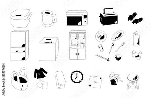 モノクロ白黒線画の生活用品アイコンセット