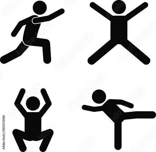 Four black silhouettes of people performing different fitness and exercise movements