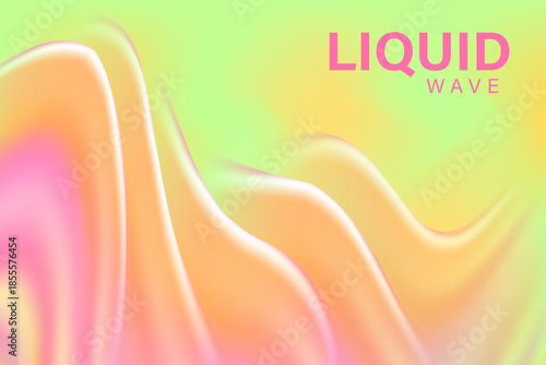 Abstract light pink, green, orange color holographic liquid water wave form, flowing organic fluid splash texture background with copy space. Elegant smooth glass shape design element decoration.