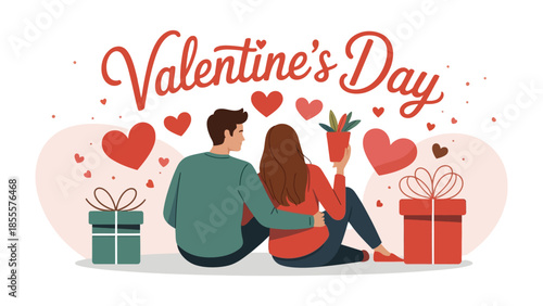 A Valentine's Day Embrace: A couple shares a tender moment amidst romantic symbols, celebrating love and affection with gifts and hearts.